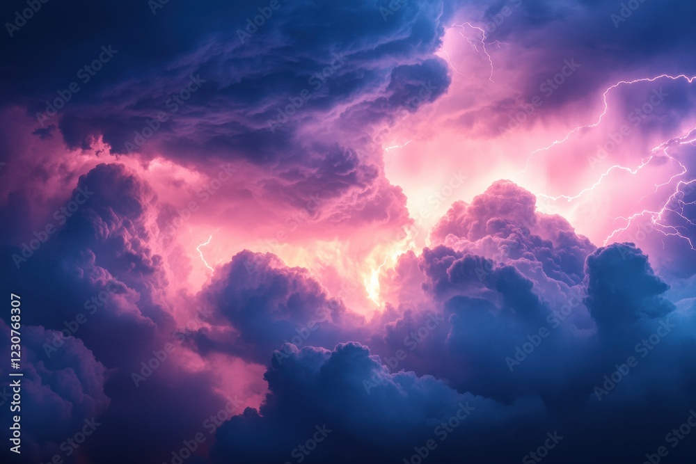 Poster Airplane navigates through dark stormy clouds filled with flashes of lightning during a turbulent flight. Generative AI