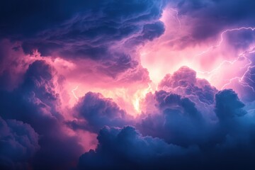 Fototapeta premium Airplane navigates through dark stormy clouds filled with flashes of lightning during a turbulent flight. Generative AI