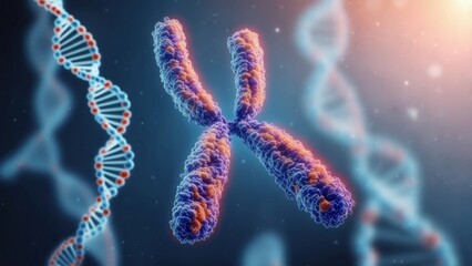 Colorful representation of chromosomes and DNA strands in a scientific setting
