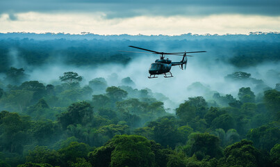 Naklejka premium Helicopter Hovering Over a Dense Jungle, Capturing the Beauty of the Untamed Wilderness