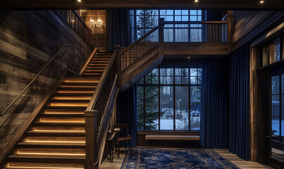 Fototapeta premium Rustic Staircase Featuring a Dark Walnut Railing, Perfect for a Timeless Home Design