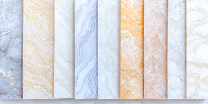 Different marble slabs samples displayed in a showroom, a wide selection of natural marble stone flooring for floor finishes, construction store