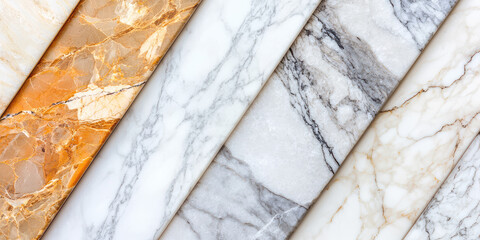 Different marble slabs samples displayed in a showroom, a wide selection of natural marble stone flooring for floor finishes, construction store