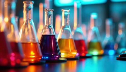 Colorful chemical flasks filled with vibrant liquids in laboratory setting. Different colored liquids in conical flasks suggest various chemical experiments formulations. Industrial laboratory