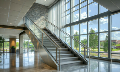 Obraz premium Spacious Staircase Featuring Brushed Steel Railings for a Modern and Sleek Look
