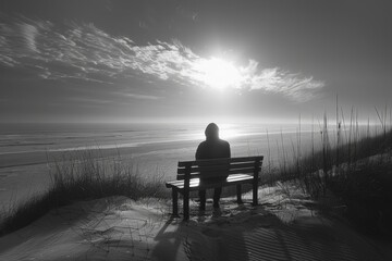 Obraz premium There is a person sitting on a bench on the beach