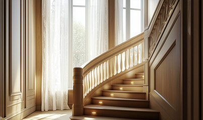 Obraz premium Refined Staircase Design Featuring Lacquered Wood Railings for a Polished and Elegant Look