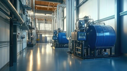 A large and modern biogas plant with two prominent blue industrial gas engines, surrounded by clean white walls and silver pipes in an open space filled with bright natural light.
