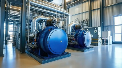A large and modern biogas plant with two prominent blue industrial gas engines, surrounded by clean white walls and silver pipes in an open space filled with bright natural light.