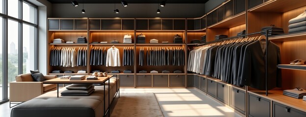 Elite men clothing store showroom displays stylish shirts, jackets on hangers. Brown, beige. Modern, elegant design. Large windows offer city views. Comfortable seating area with table. Sophisticated