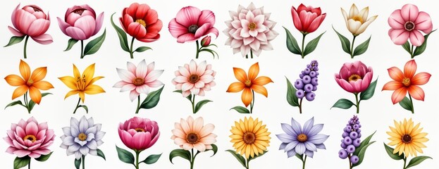 Obraz premium Colorful floral set with various flowers. Collection of blooming flowers. Hand-drawn watercolor illustration. Isolated flowers on white background. Suitable for retro floral designs. Ideal for