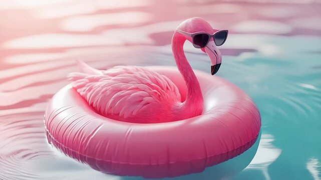 Inflatable flamingo relaxing on sunlit pool waves with sunglasses