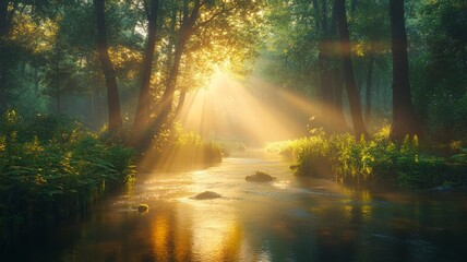 Fototapeta premium Sunbeams illuminate a tranquil forest stream at dawn, casting a golden glow on the water and lush greenery.