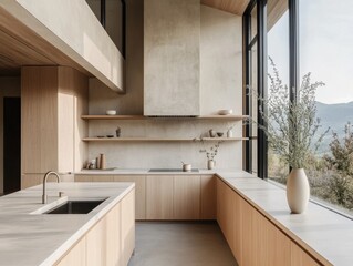 A kitchen with a white countertop and a black sink. A vase with flowers sits on the counter