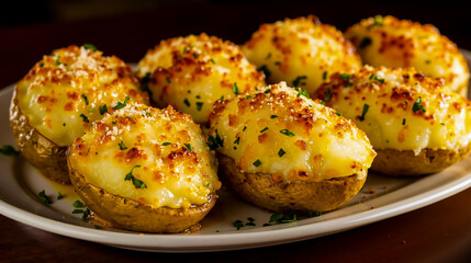Fototapeta premium A white plate topped with baked potatoes covered in cheese