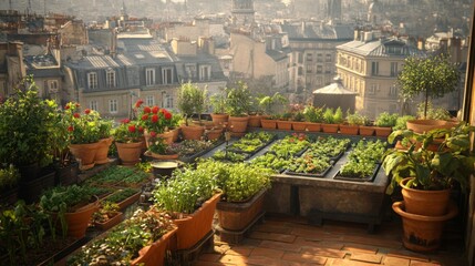 Obraz premium Urban Rooftop Garden with Terracotta Pots and Lush Greenery