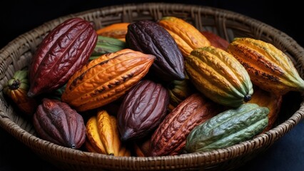 Freshly harvested cocoa pods displayed in a wicker basket with vibrant colors