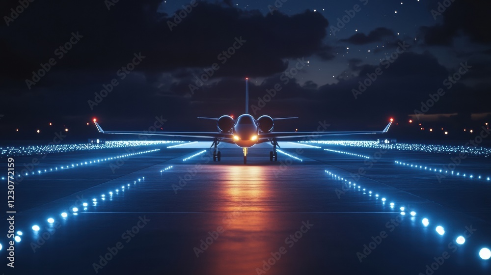Poster Illuminated airplane on runway surrounded by navigation lights at night in a busy airport setting. Generative AI