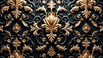 Ornate black, gold floral pattern design. Elegant decorative texture. High quality luxurious style. Intricate details. Perfect for interior design projects. Stylish wallpaper idea. Classic baroque,