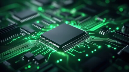 Obraz premium High-Tech Microchip on Circuit Board with Glowing Green Light and Data Flow Visuals for Technology Concepts