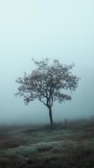 landscape with magnolia tree in full bloom on a foggy morning