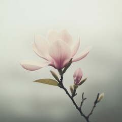 Obraz premium branch of magnolia tree with blooming flowers in the misty dawn 