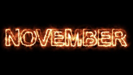 November, burning word, fire text. fire text effect black background. animated text effect with high visual impact. November ,Month Electric Fire lighting text animation on black background. 