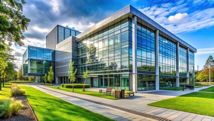 Fototapeta premium Modern college campus building with sleek glass and steel facade, surrounded by lush greenery and walking paths