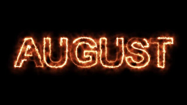 August burning word, fire text. fire text effect black background. animated text effect with high visual impact. August Month Electric Fire lighting text animation on black background. 