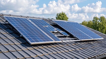 Solar Panels Installed on a Residential Roof Under a Bright Blue Sky with Fluffy White Clouds