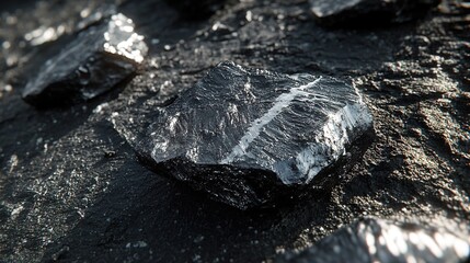 Fototapeta premium Close-up of coal on the ground, black and gray color scheme, 3D rendering style, natural lighting, ultra-high definition resolution.