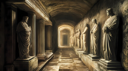 Hidden catacombs within roman temple house revered figures in eternal rest. Eternal Path. Illustration
