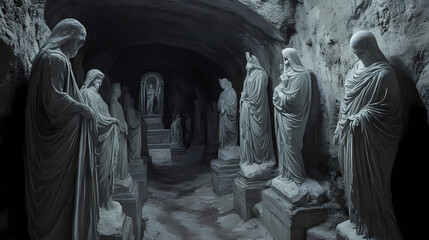 Hidden catacombs within roman temple house revered figures in eternal rest. Eternal Path. Illustration