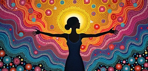 Colorful aboriginal art style woman with arms open embracing diverse cultural heritage of Australia. Image evokes sense of celebration, unity. Vivid colours, intricate dot patterns create festive