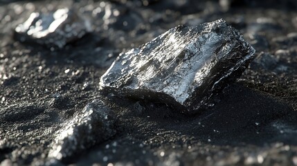Close-up of coal on the ground, black and gray color scheme, 3D rendering style, natural lighting, ultra-high definition resolution.