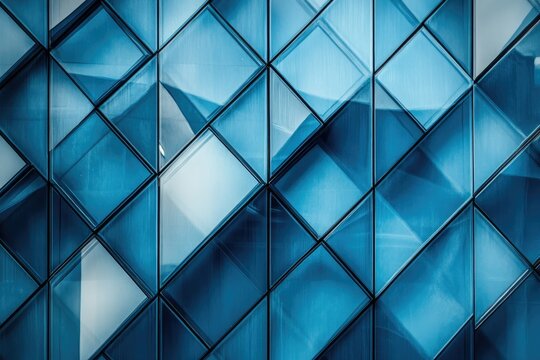 Abstract geometric pattern of blue glass panels forming a modern building facade.