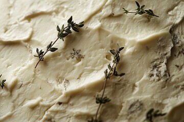 Creamy textured surface with sprigs of thyme, possibly a cheese or frosting.