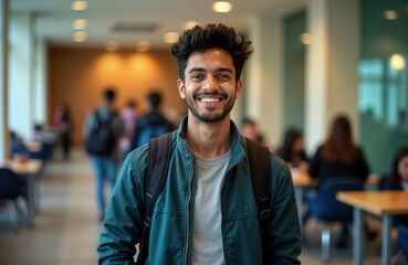 Obraz premium Young indian man stands in university hall. He is smiling and looks happy. He has a backpack. Other students are in the background. This photo shows a positive and modern university atmosphere.