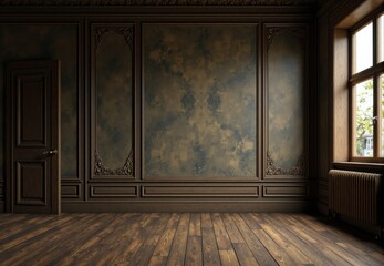 Empty classic interior with wooden wall panels and parquet floor