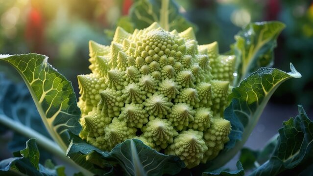 Unique green vegetable growing in garden under soft sunlight during morning hours