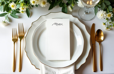 Elegant table setting for fancy dining event. White plates with gold cutlery, napkin. Menu card on table. Stylish decorations with white flowers. Ideal for wedding romantic dinner. Luxury restaurant