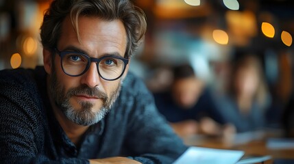 A man with glasses is sitting at a table with a book in front of him