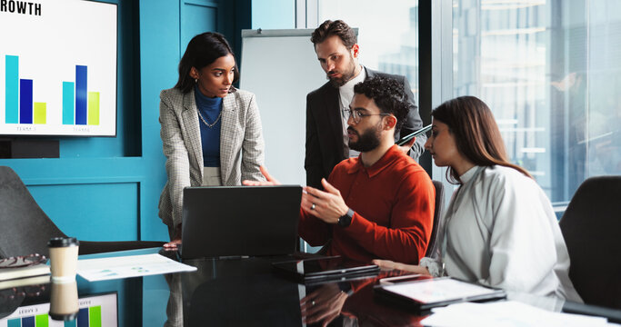 Finance, laptop and team of business people planning, meeting and profit growth discussion. Data, group and brainstorming in office, training and operations manager coaching with metrics or analysis