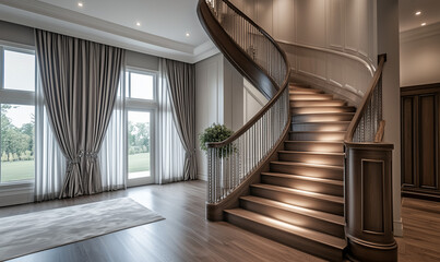 The Sophisticated Staircase Features an Elegant Wood Railing for a Timeless Appeal