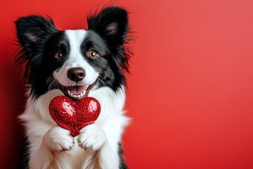 Fototapeta premium Cute border collie hound with sparkling rhinestones red heart - emblem of love, funny greeting card. Border collie - my cherished dog. Digital ads idea. Dog and roses. Heart and paw prints.