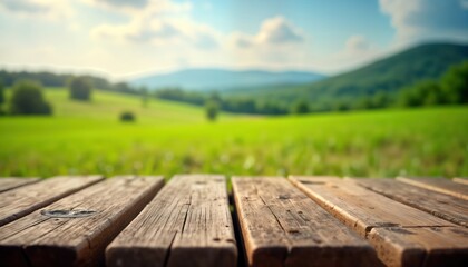 Fototapeta premium Empty rustic wooden table outdoors in scenic countryside setting. Green meadow stretches to blurred range of hills. Daylight shines on natural wooden surface. Ideal for products as backdrop for