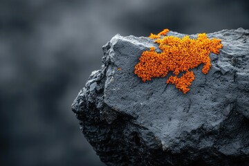 Fototapeta premium Vibrant orange lichen blossoms contrast against a dark, rough rock surface, creating a striking natural scene.