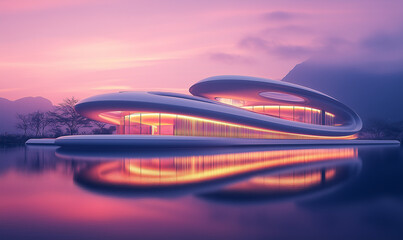 Obraz premium An Impressive Futuristic Museum Illuminated by Neon Lights for a Bold, Modern Look