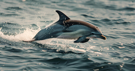 Fototapeta premium Dolphin leaps from ocean surface at sunset, creating splashes in calm waters near the coastline, showcasing its playful nature in a serene marine environment