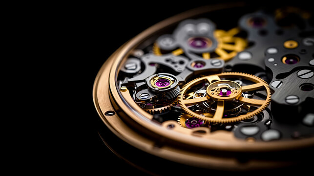 A close up of a watch mechanism on a black background